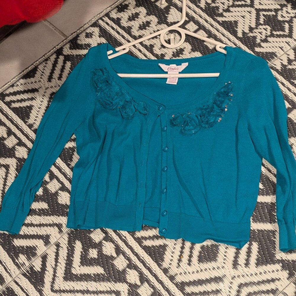 Women's Medium Candie's Button Up Ruffled Sweater
